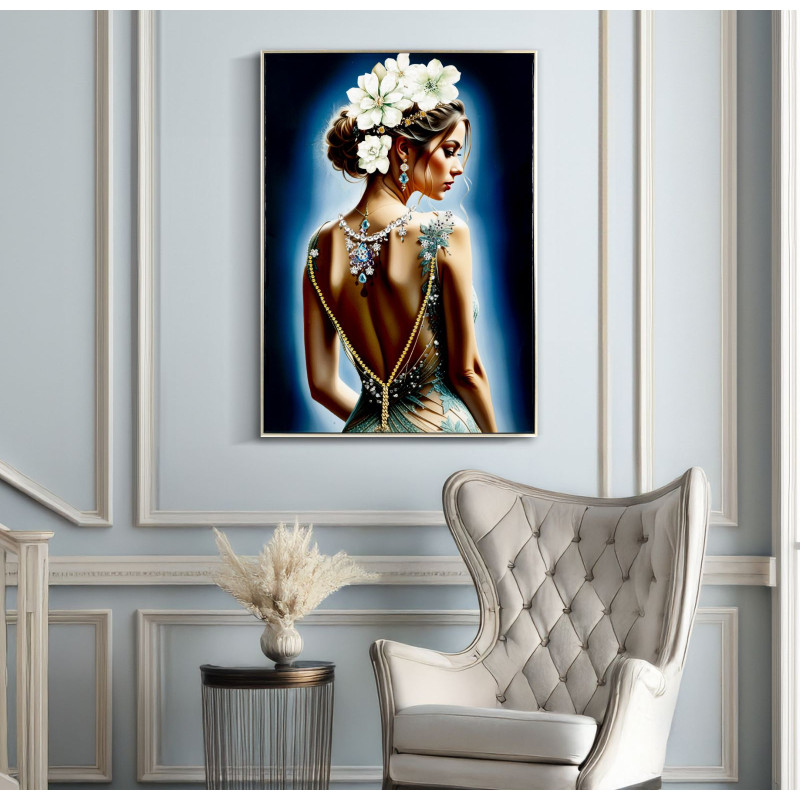 Grande toile murale peinte Femme dos bijoux fleurs blanches 72x102 avec cadre argenté Isabel 