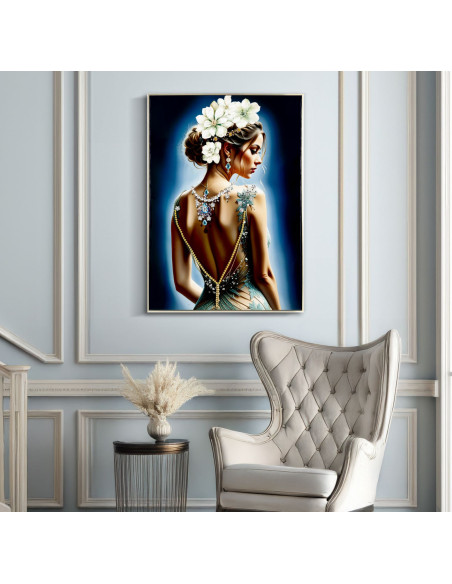 Grande toile murale peinte Femme dos bijoux fleurs blanches 72x102 avec cadre argenté Isabel 