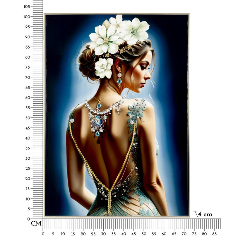 Grande toile murale peinte Femme dos bijoux fleurs blanches 72x102 avec cadre argenté Isabel 
