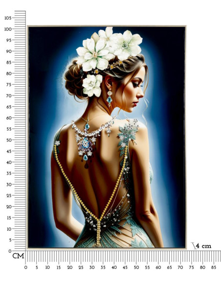 Grande toile murale peinte Femme dos bijoux fleurs blanches 72x102 avec cadre argenté Isabel 
