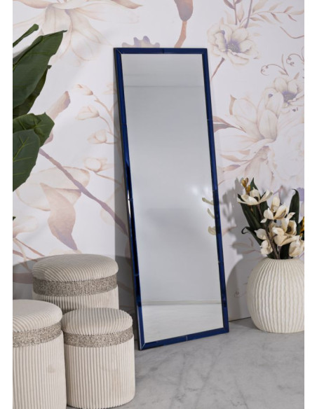 Grand Miroir mural oriental chic Rectangulaire 55x150 Bois MDF Bleu Riyad 