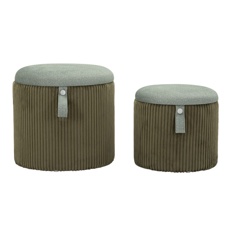 Pouf coffre rangement style art déco Rond Velours côtelé Vert MDF Bolzano (Lot de 2) 