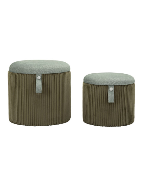 Pouf coffre rangement style art déco Rond Velours côtelé Vert MDF Bolzano (Lot de 2) 