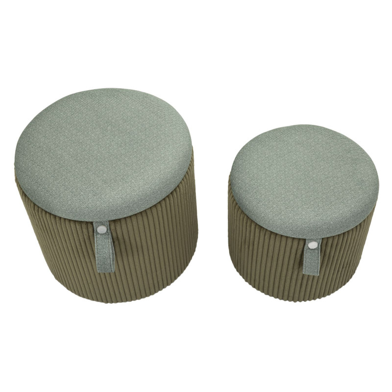 Pouf coffre rangement style art déco Rond Velours côtelé Vert MDF Bolzano (Lot de 2) 