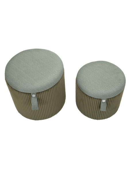 Pouf coffre rangement style art déco Rond Velours côtelé Vert MDF Bolzano (Lot de 2) 
