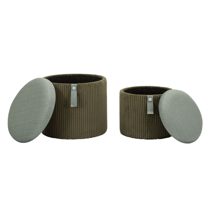 Pouf coffre rangement style art déco Rond Velours côtelé Vert MDF Bolzano (Lot de 2) 