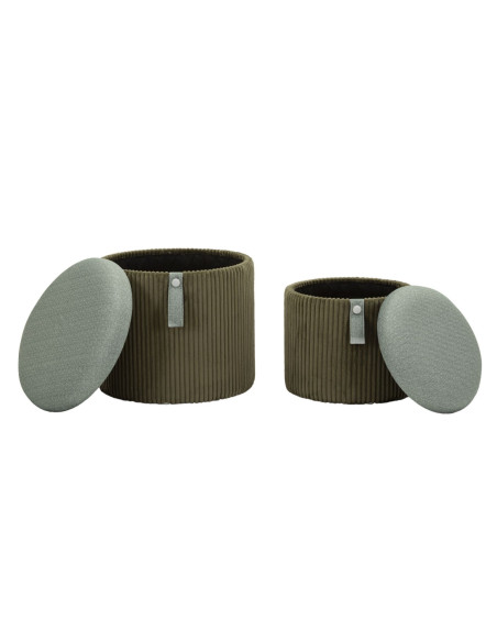 Pouf coffre rangement style art déco Rond Velours côtelé Vert MDF Bolzano (Lot de 2) 