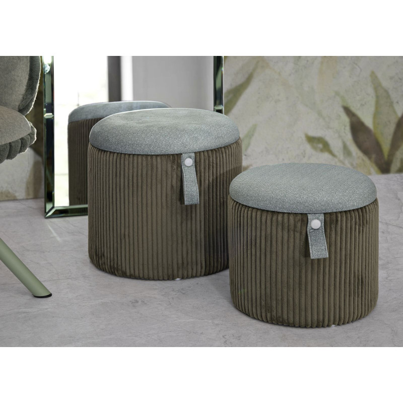 Pouf coffre rangement style art déco Rond Velours côtelé Vert MDF Bolzano (Lot de 2) 