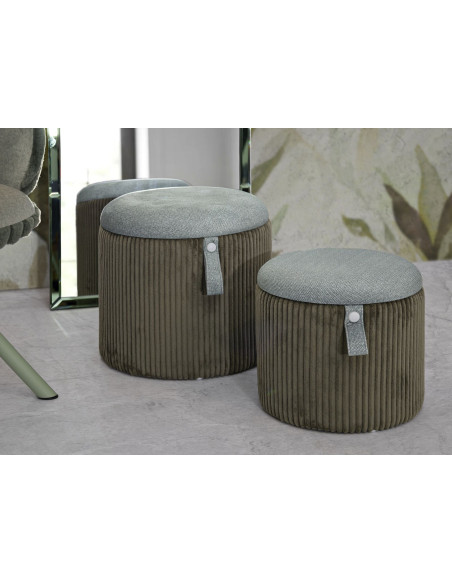 Pouf coffre rangement style art déco Rond Velours côtelé Vert MDF Bolzano (Lot de 2) 