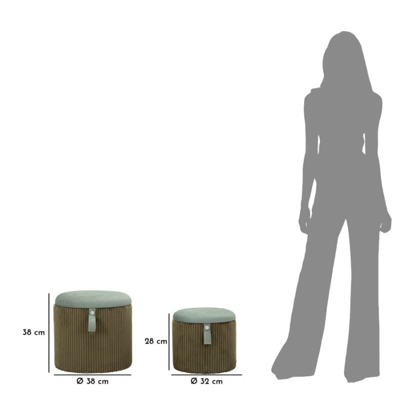 Pouf coffre rangement style art déco Rond Velours côtelé Vert MDF Bolzano (Lot de 2) 