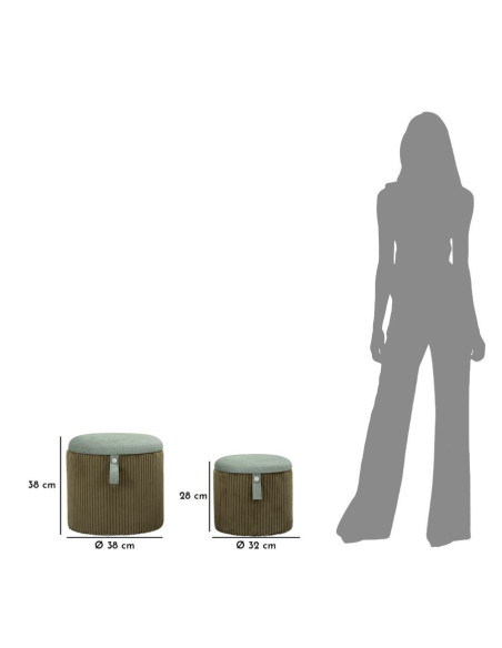 Pouf coffre rangement style art déco Rond Velours côtelé Vert MDF Bolzano (Lot de 2) 