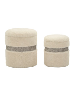 Pouf Bouclette coffre rangement Rond Tissu Blanc crème Gris MDF Saint- Moritz (Lot de 2) 