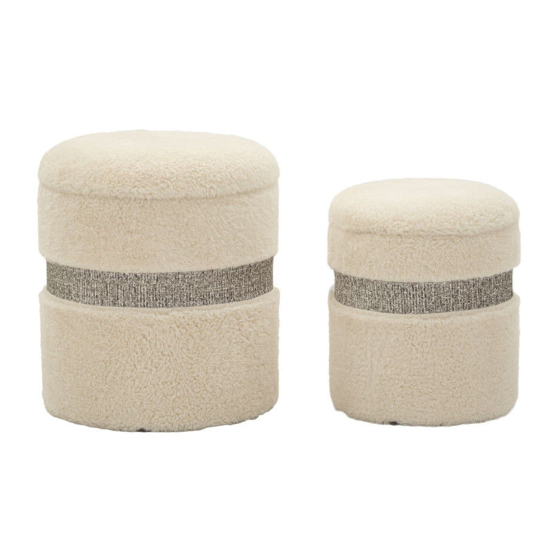 Pouf Bouclette coffre rangement Rond Tissu Blanc crème Gris MDF Saint- Moritz (Lot de 2) 