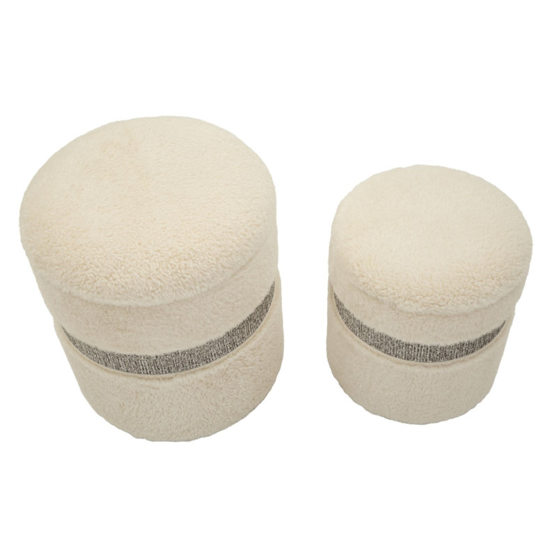 Pouf Bouclette coffre rangement Rond Tissu Blanc crème Gris MDF Saint- Moritz (Lot de 2) 