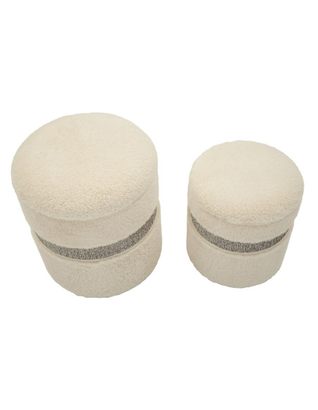 Pouf Bouclette coffre rangement Rond Tissu Blanc crème Gris MDF Saint- Moritz (Lot de 2) 