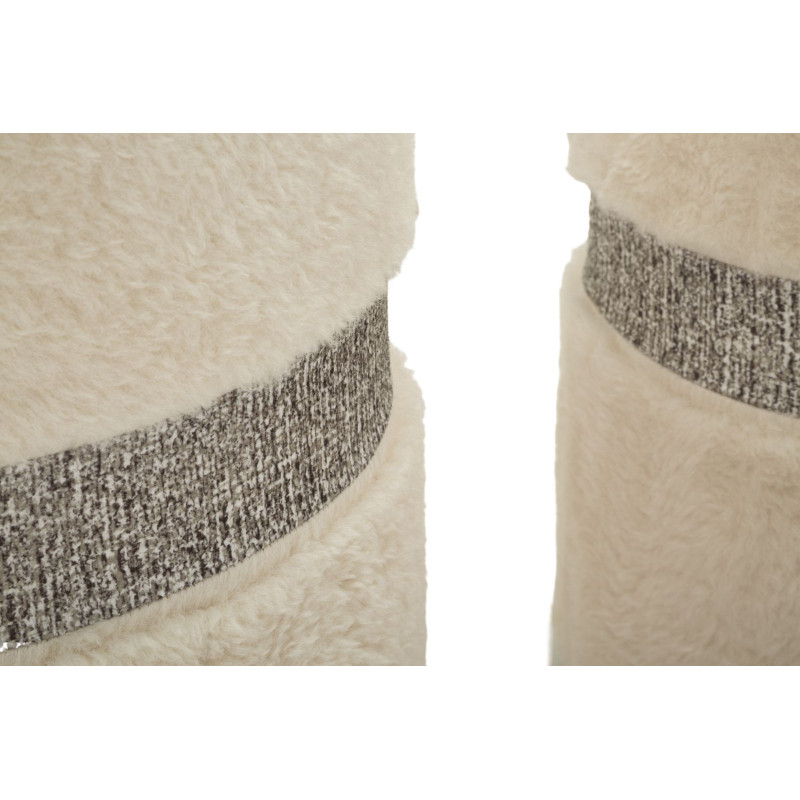 Pouf Bouclette coffre rangement Rond Tissu Blanc crème Gris MDF Saint- Moritz (Lot de 2) 