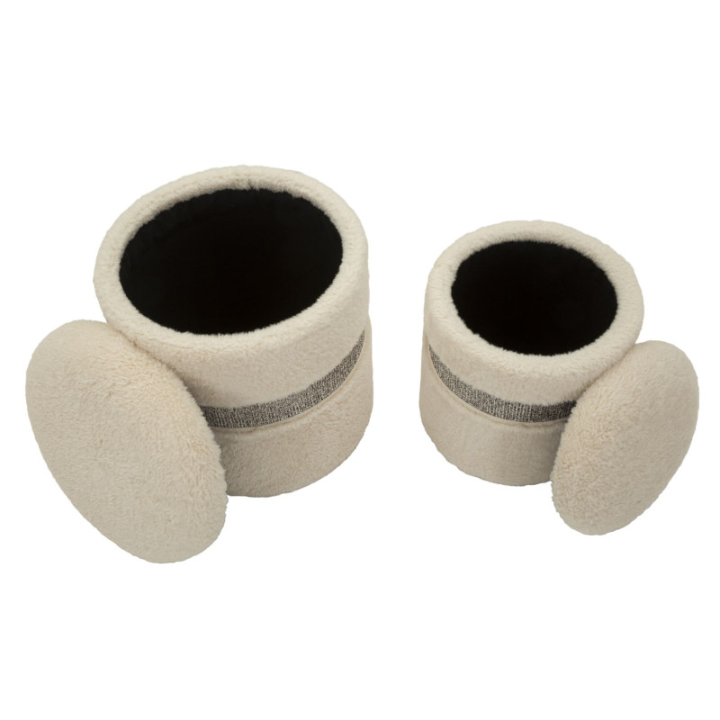 Pouf Bouclette coffre rangement Rond Tissu Blanc crème Gris MDF Saint- Moritz (Lot de 2) 