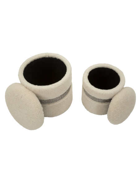 Pouf Bouclette coffre rangement Rond Tissu Blanc crème Gris MDF Saint- Moritz (Lot de 2) 