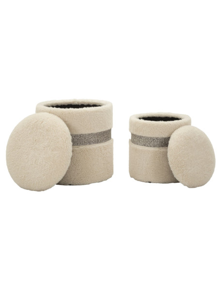 Pouf Bouclette coffre rangement Rond Tissu Blanc crème Gris MDF Saint- Moritz (Lot de 2) 