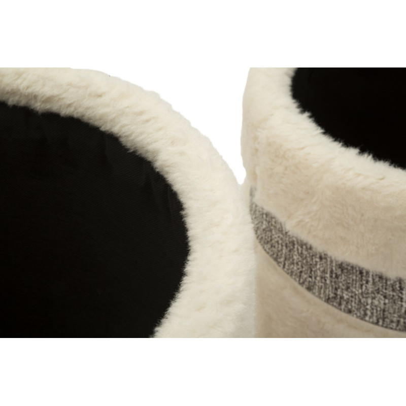 Pouf Bouclette coffre rangement Rond Tissu Blanc crème Gris MDF Saint- Moritz (Lot de 2) 