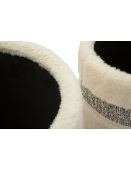 Pouf Bouclette coffre rangement Rond Tissu Blanc crème Gris MDF Saint- Moritz (Lot de 2) 