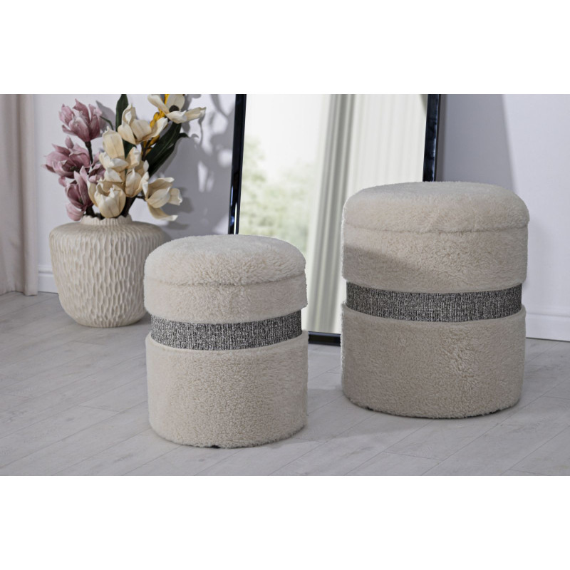Pouf Bouclette coffre rangement Rond Tissu Blanc crème Gris MDF Saint- Moritz (Lot de 2) 