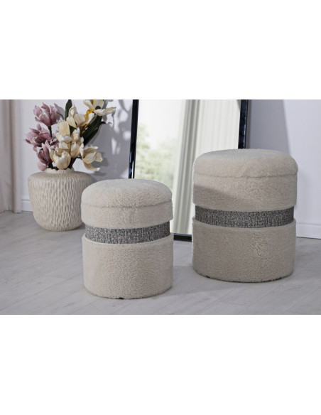 Pouf Bouclette coffre rangement Rond Tissu Blanc crème Gris MDF Saint- Moritz (Lot de 2) 