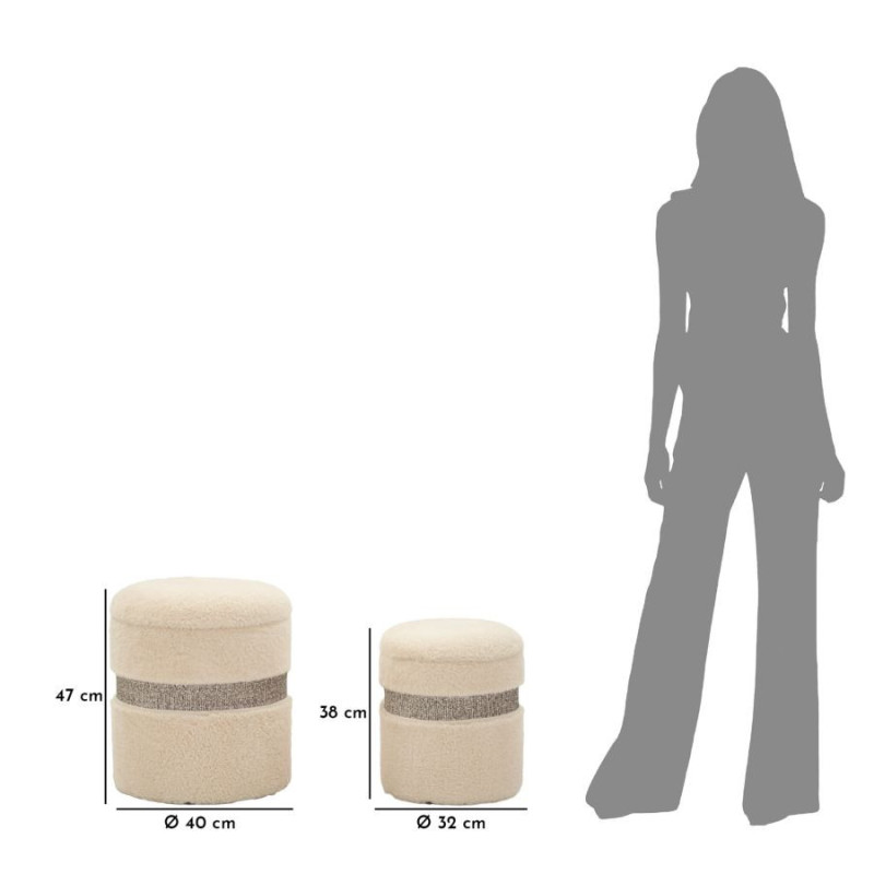 Pouf Bouclette coffre rangement Rond Tissu Blanc crème Gris MDF Saint- Moritz (Lot de 2) 