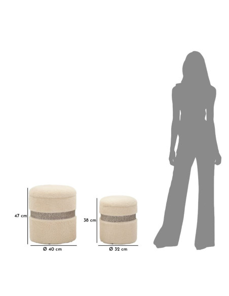 Pouf Bouclette coffre rangement Rond Tissu Blanc crème Gris MDF Saint- Moritz (Lot de 2) 