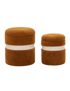 Pouf Bouclette coffre rangement Rond Tissu Terracotta Blanc crème MDF Saint- Moritz (Lot de 2) 