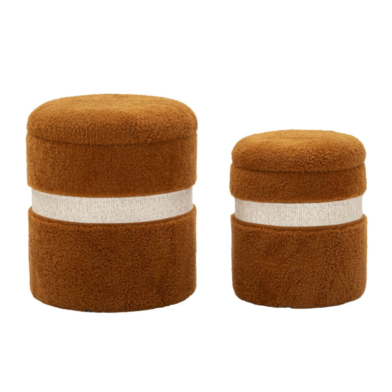 Pouf Bouclette coffre rangement Rond Tissu Terracotta Blanc crème MDF Saint- Moritz (Lot de 2) 