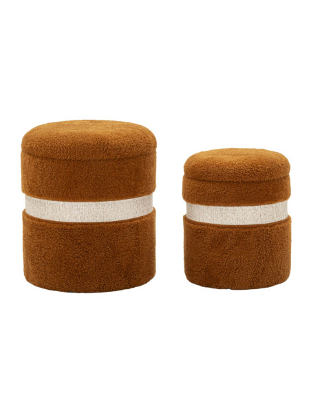 Pouf Bouclette coffre rangement Rond Tissu Terracotta Blanc crème MDF Saint- Moritz (Lot de 2) 
