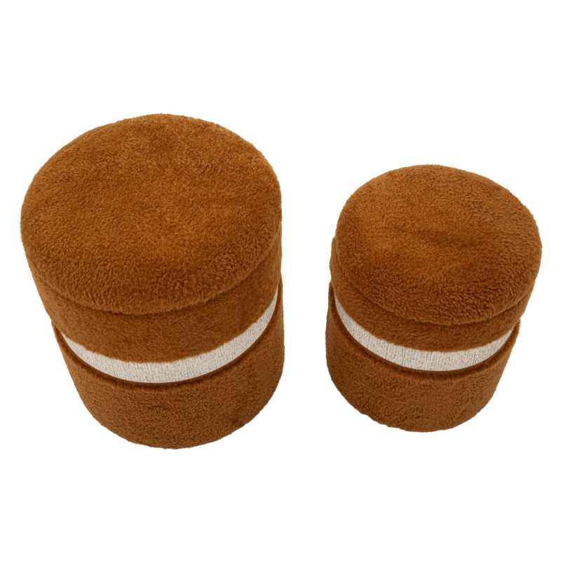 Pouf Bouclette coffre rangement Rond Tissu Terracotta Blanc crème MDF Saint- Moritz (Lot de 2) 