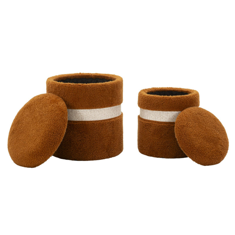 Pouf Bouclette coffre rangement Rond Tissu Terracotta Blanc crème MDF Saint- Moritz (Lot de 2) 