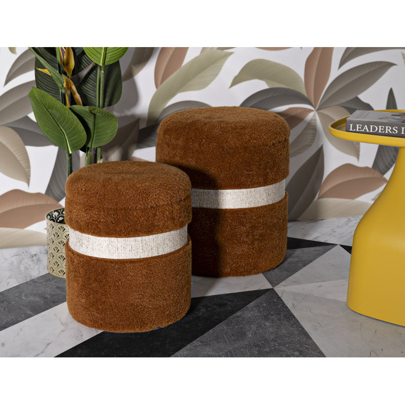 Pouf Bouclette coffre rangement Rond Tissu Terracotta Blanc crème MDF Saint- Moritz (Lot de 2) 
