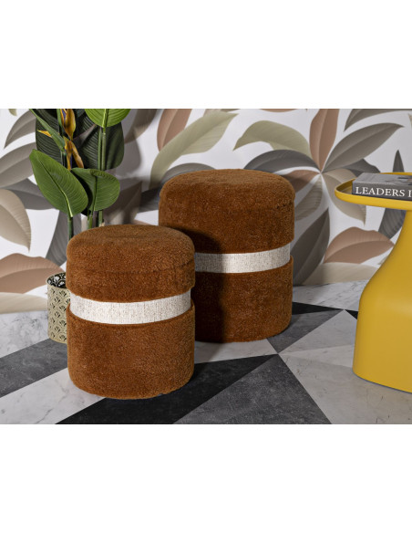 Pouf Bouclette coffre rangement Rond Tissu Terracotta Blanc crème MDF Saint- Moritz (Lot de 2) 