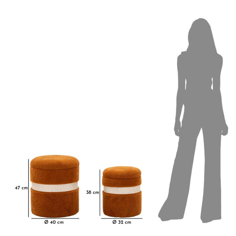 Pouf Bouclette coffre rangement Rond Tissu Terracotta Blanc crème MDF Saint- Moritz (Lot de 2) 