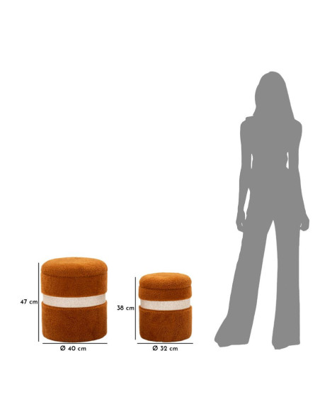 Pouf Bouclette coffre rangement Rond Tissu Terracotta Blanc crème MDF Saint- Moritz (Lot de 2) 