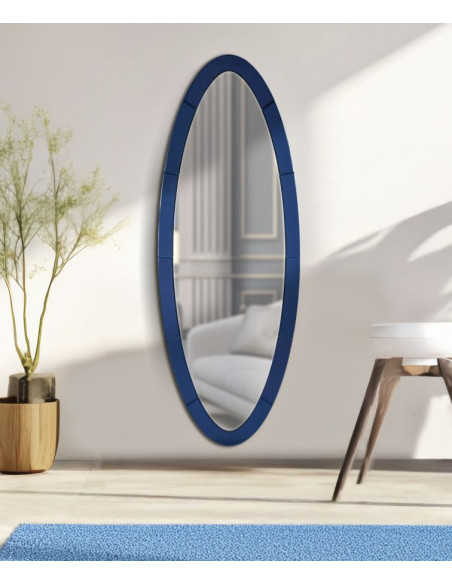 Grand Miroir mural oriental chic Ovale 55x150 Bois MDF Bleu Amman 