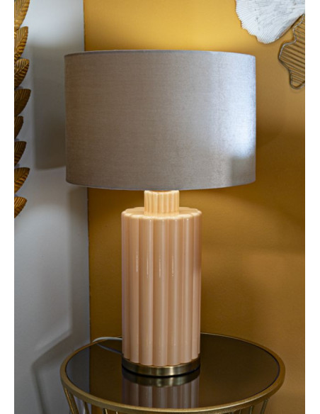 Grande Lampe à poser moderne chic Hauteur 69 cm Verre Beige rosé Tissu Beige Métal Doré Perly 