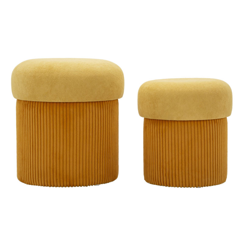 Pouf style art déco Rond avec coffre de rangement Velours côtelé Jaune moutarde MDF Aspen (Lot de 2) 