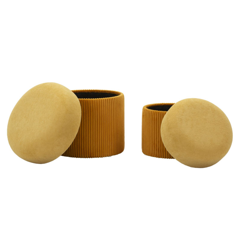 Pouf style art déco Rond avec coffre de rangement Velours côtelé Jaune moutarde MDF Aspen (Lot de 2) 