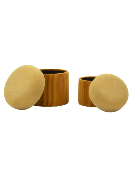 Pouf style art déco Rond avec coffre de rangement Velours côtelé Jaune moutarde MDF Aspen (Lot de 2) 