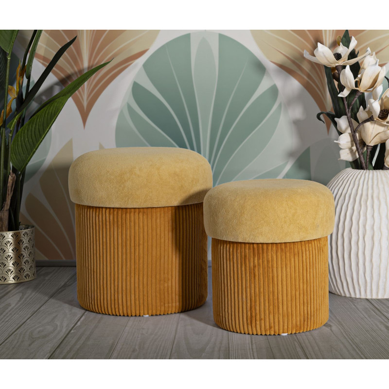 Pouf style art déco Rond avec coffre de rangement Velours côtelé Jaune moutarde MDF Aspen (Lot de 2) 