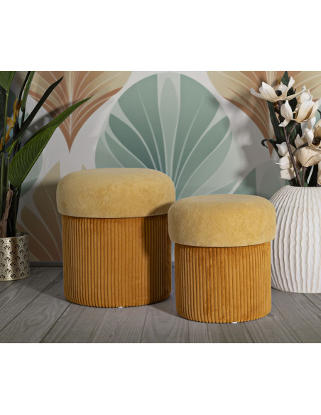Pouf style art déco Rond avec coffre de rangement Velours côtelé Jaune moutarde MDF Aspen (Lot de 2) 