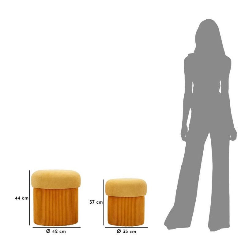 Pouf style art déco Rond avec coffre de rangement Velours côtelé Jaune moutarde MDF Aspen (Lot de 2) 