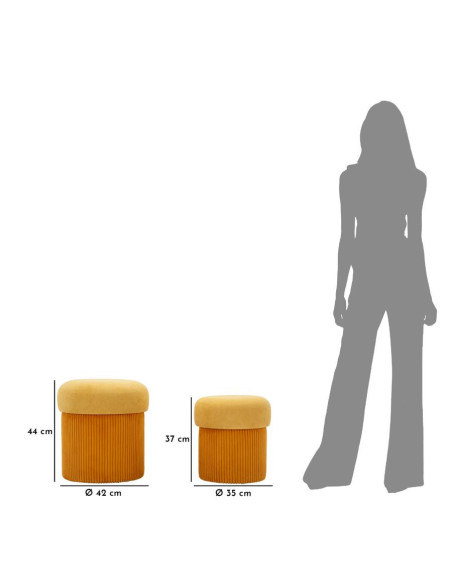 Pouf style art déco Rond avec coffre de rangement Velours côtelé Jaune moutarde MDF Aspen (Lot de 2) 