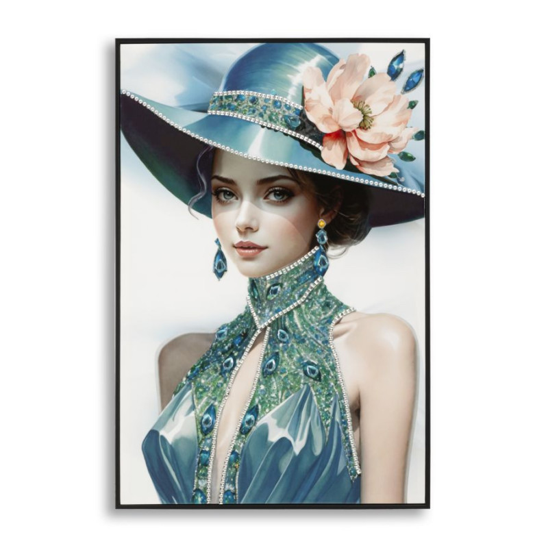 Toile murale peinte Femme chapeau bleu col bijou 62x92 avec cadre noir Pam 