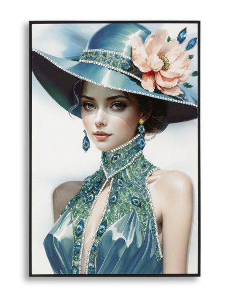 Toile murale peinte Femme chapeau bleu col bijou 62x92 avec cadre noir Pam 
