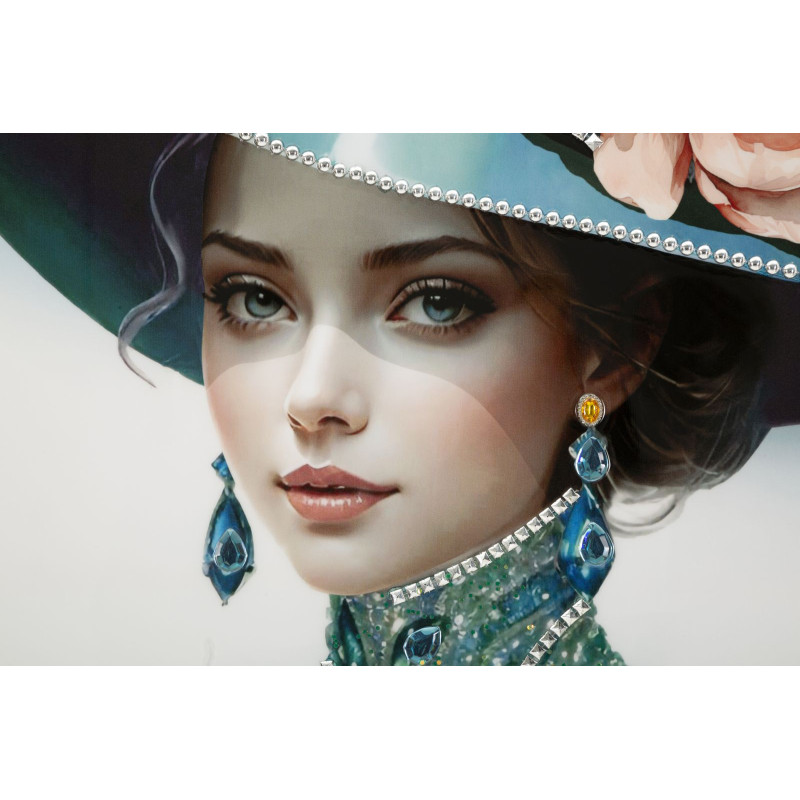 Toile murale peinte Femme chapeau bleu col bijou 62x92 avec cadre noir Pam 